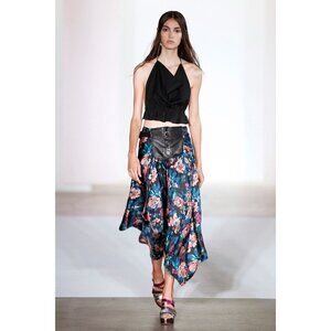 JILL STUART Black Floral Silk Twill Leather Trim Handerchief Midi Skirt, Size S